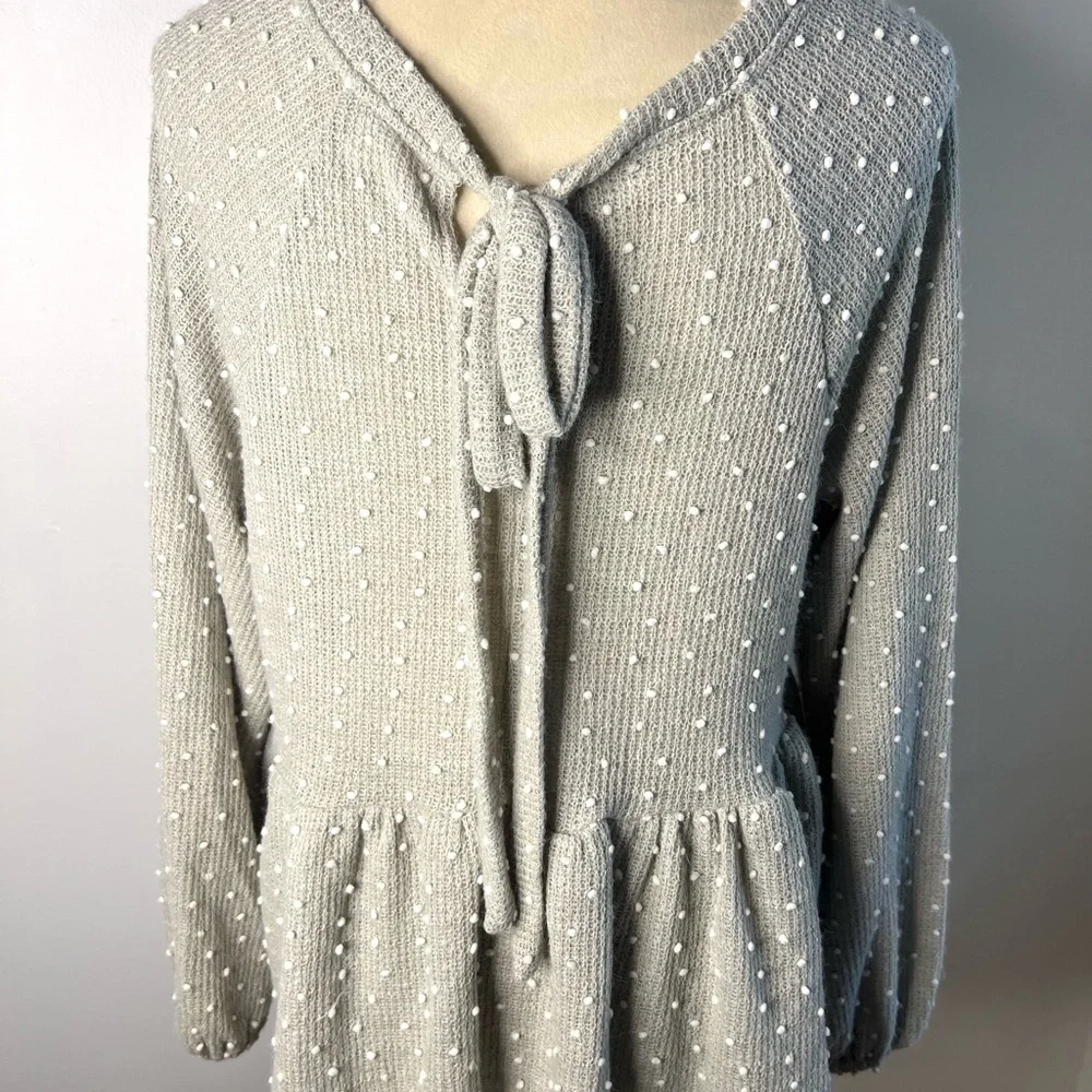Blu Pepper Gray Peplum Top Long Sleeves Tie Back SZ L EUC - Picture 5 of 8